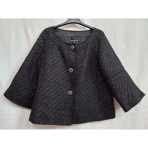 Lafayette 148 New York Black Textured Tweed Jacket Size 16 Button Front Cropped